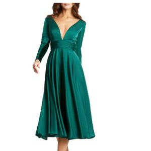 MAC DUGGAL LONG SLEEVE PLUNGE NECK EMERALD GREEN FIT & FLARE MIDI DRESS sz 16